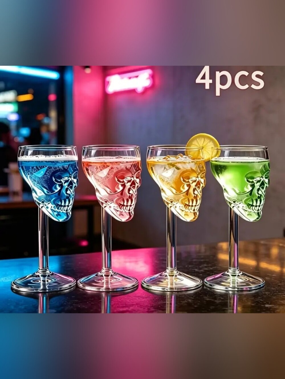 Skull Stemmed Wine Glasses Set - Colorful Cocktail Glasses (4pc)